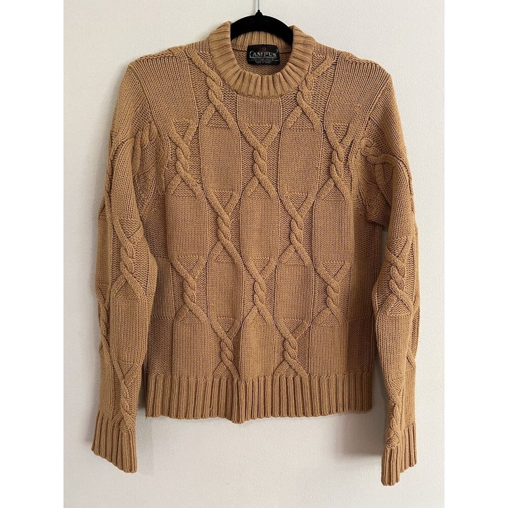 Vintage Campus Cable Knit Mustard Sweater Womens S Virgin Acrylic 1980s Chunky
